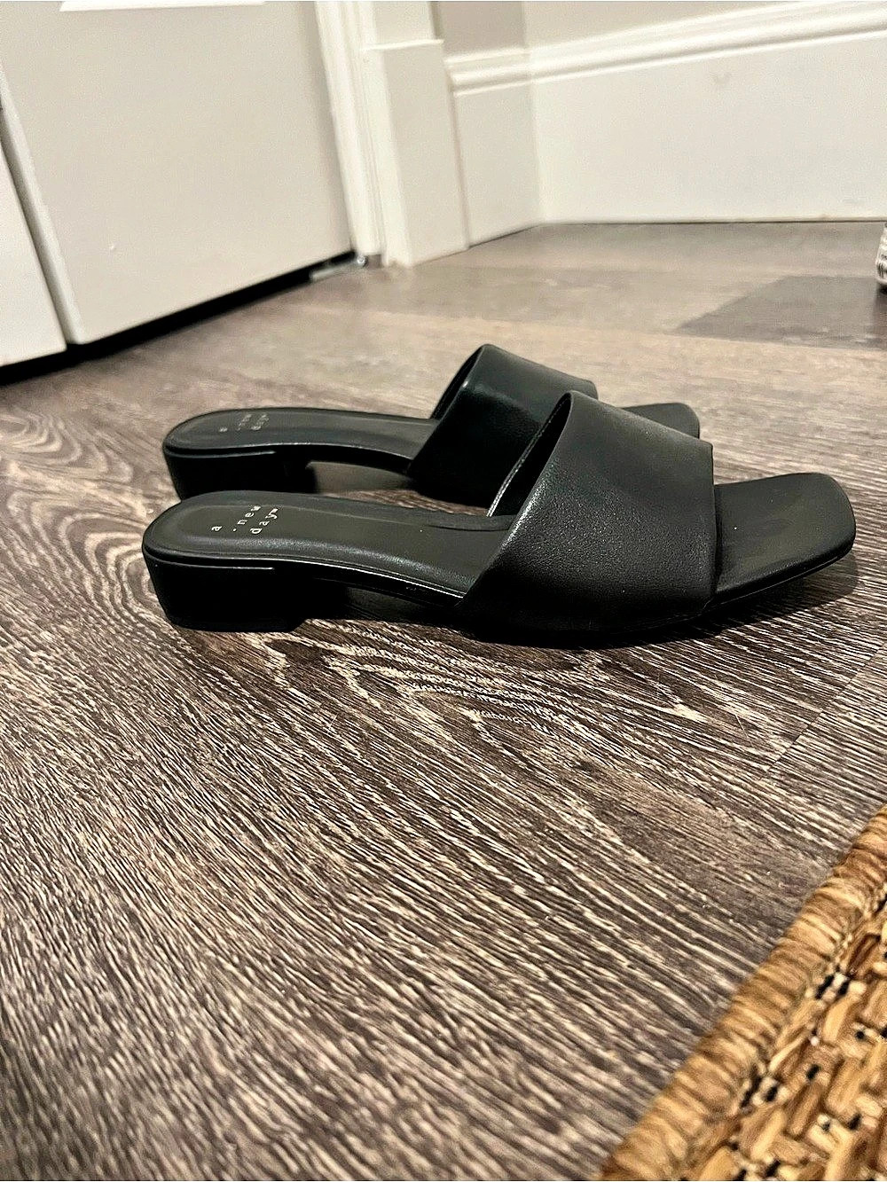 A New Day Black Square Toe Block Heel Slide Sandals